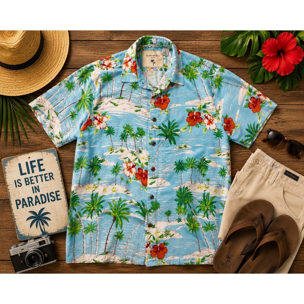 Island Republic Men's XL 100% Silk Hawaiian Camp Shirt Blue Tropical Palm Trees